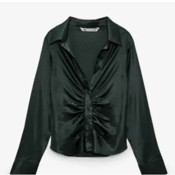 Zara Scrunched Pleated Satin Effect Shirt Bottle Green - Picture 6 of 7